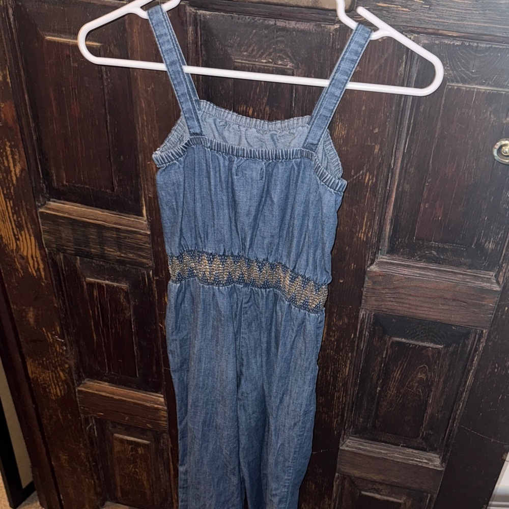 Girls Denim Jumpsuit with Ruffle and Embroidered Detail - Picture 3 of 4